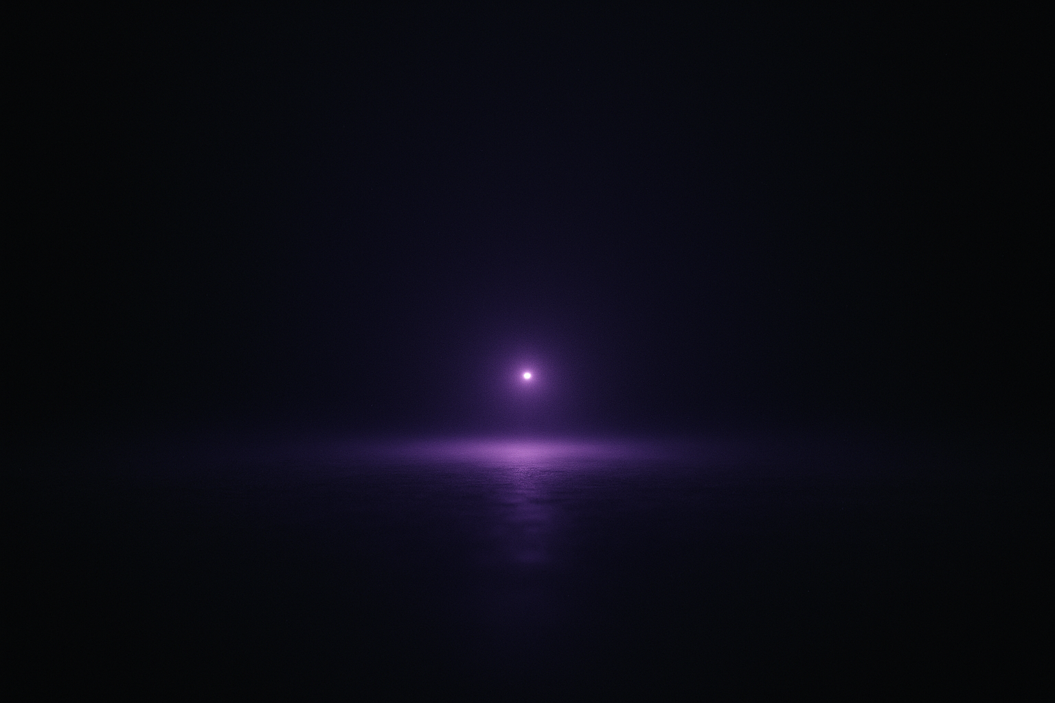 A quiet, ordered world lit by a single point of violet light
