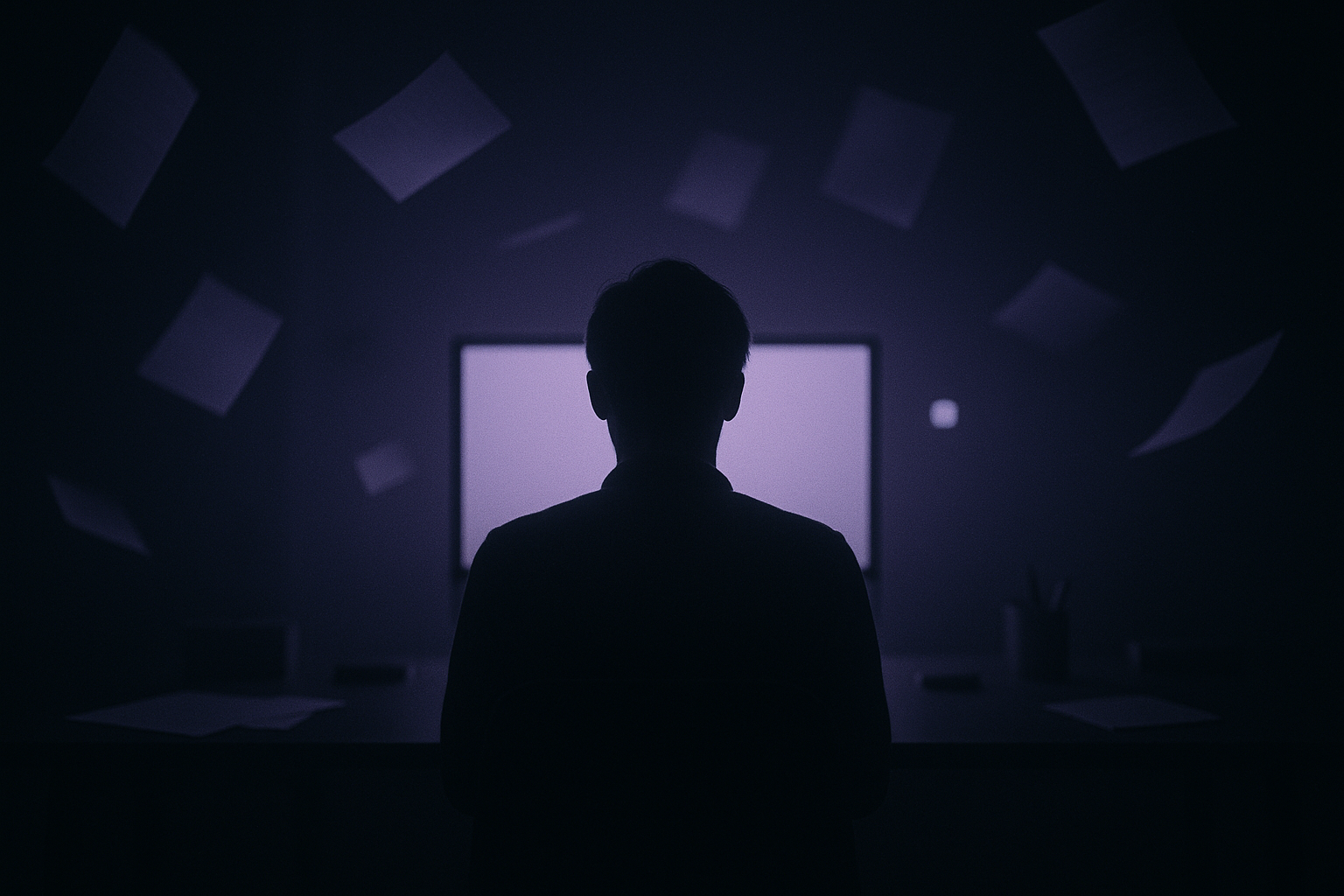 A lone figure at a desk lit by a single screen in the dark